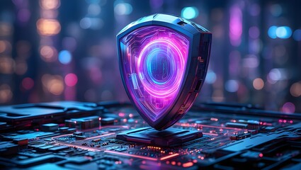 Digital security shield icon glowing with vibrant neon light on a futuristic circuit board