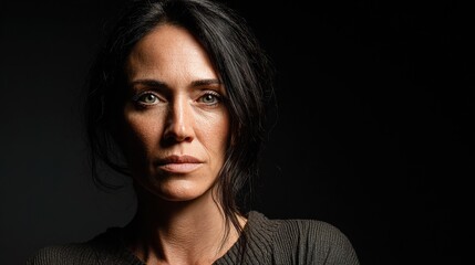 Introspective Gaze: A captivating portrait of a woman with a compelling gaze and a pensive expression, illuminated by soft light against a dark background, revealing raw emotion and vulnerability.