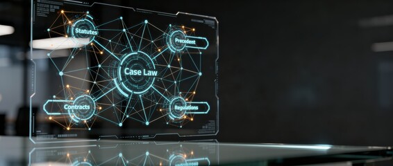 A futuristic digital display showcasing interconnected legal concepts such as case law, statutes, contracts, and regulations.
