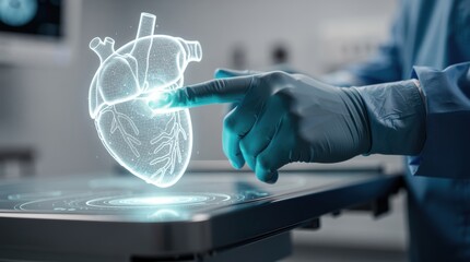 A medical professional interacts with a holographic heart display, showcasing advanced technology in healthcare and education.