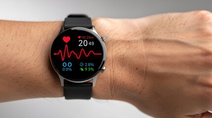 A smartwatch displaying heart rate, oxygen levels, and other health metrics on a wrist.