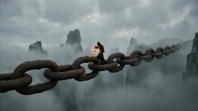 Woman crossing perilous chain bridge in misty abyss. Dark fantasy adventurer with lantern navigating foggy chasm over jagged rocks.