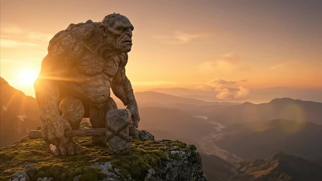 Stone troll awakening on rugged mountain ledge. Hulking rock creature rises with glowing energy at dramatic sunset. Dark fantasy epic of monstrous emergence in misty peaks