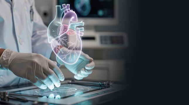 A doctor interacts with a holographic heart model, showcasing advanced medical technology and anatomical visualization in a clinical setting. - Powered by Adobe