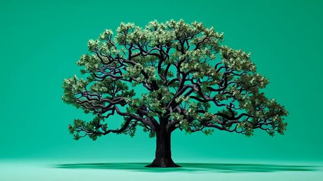 Majestic Ancient Oak Tree Isolated on Vibrant Teal Background, Symbolizing Strength and Nature