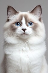 Charming Ragdoll Cat with Fluffy Fur and Alluring Blue Eyes Posing Against a Soft Gray Background