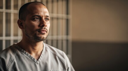 Obraz premium A thoughtful man in prison attire gazes pensively, highlighting themes of reflection and confinement against a backdrop of bars.