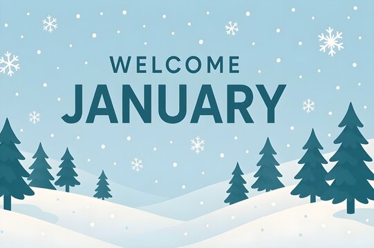 Modern flat design &ldquo;Welcome January&rdquo; winter banner with snow and pine trees