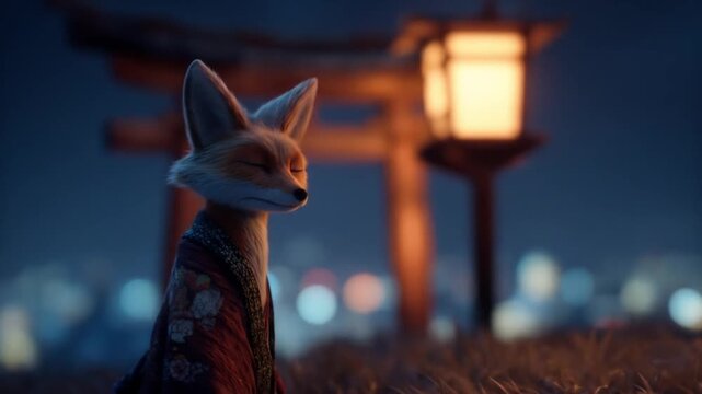 A fox statue in a patterned kimono stands by a lantern with a torii gate and softly lit city lights