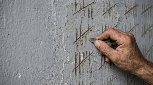 A hand etches tally marks into a textured grey wall, symbolizing time passing or counting.