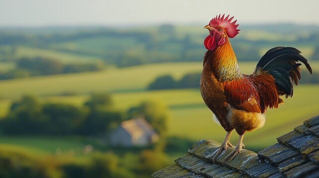 A cockerel crowing on the top of a barn roof 