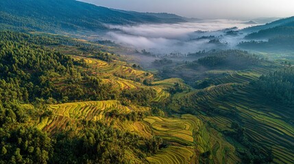 Obraz premium Aerial view of mountain landscape with green rice terraces and fog