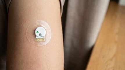 A close-up of a wearable health monitor attached to a person's arm, featuring a small electronic device with a green light.