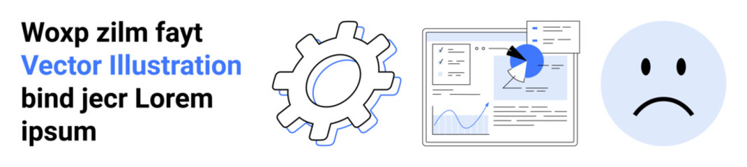 Fototapeta premium Data analytics, workflow optimization, user interface design, technical tools, problem resolution, emotional response. Gear icon, bar graph pie chart sad face symbol. Data analytics and workflow