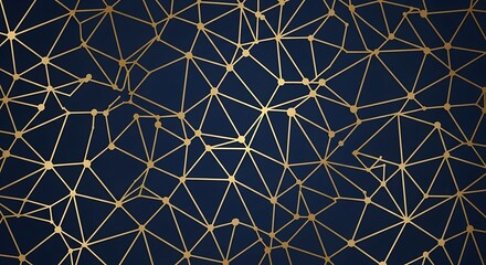 Abstract golden geometric network pattern on a deep blue background, symbolizing data flow, digital connections, and modern technological interconnectedness