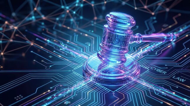 A digital gavel representing cyber law, set against a circuit board backdrop, symbolizes the intersection of technology and legal frameworks.