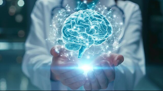 Futuristic holographic brain visualization held above hands in laboratory.