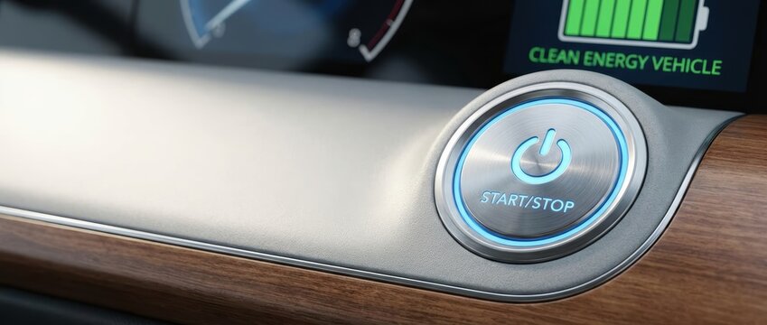 A sleek start/stop button on a car dashboard, highlighting modern design and clean energy technology. - Powered by Adobe