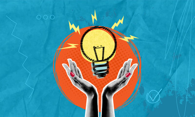 A trendy halftone pop art collage. Two hands holding a light bulb. Creative mind or brainstorming. Generating a creative idea. Business solutions. Think outside the box. Marketing time.