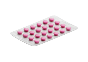 extreme macro close-up of a silver and clear blister pack containing 28 matte pink oral contraceptive tablets, 3/4 isometric view on a transparent seamless background, emphasizing clinical accuracy