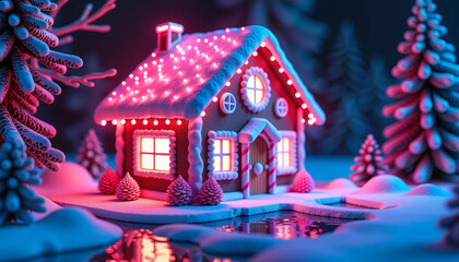 Colorful gingerbread house decorated with lights in snowy landscape  