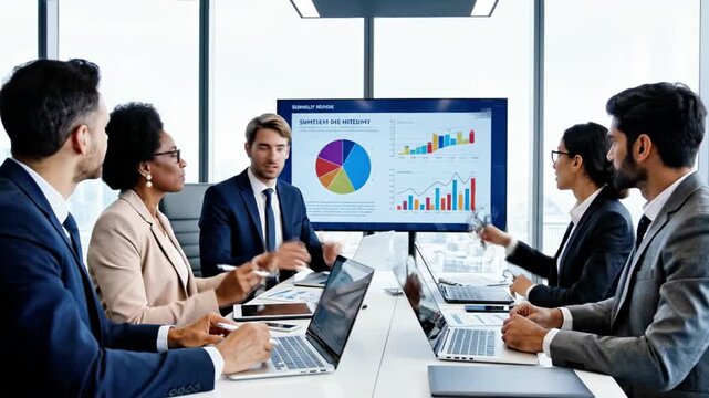 A group of diverse business professionals engaged in a meeting around a conference table with laptops and a large screen displaying graphs
