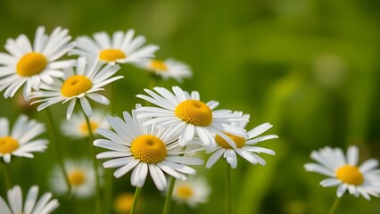 Fototapeta premium Close-up of fresh daisies with a soft green backdrop, natural light enhancing their delicate beauty.