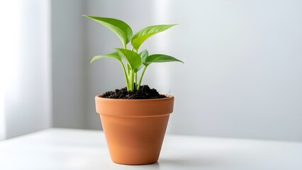 Obraz premium Young green epipremnum aureum or pothos plant in a small clay pot on a bright background