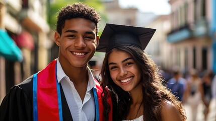 man and woman in graduation attire, standing together outdoors in front of a university building.