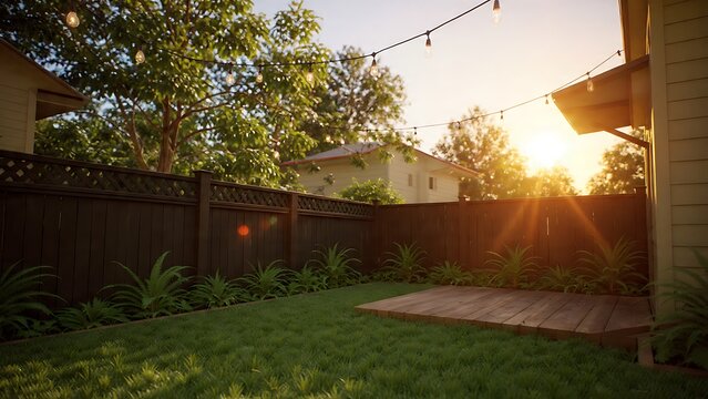 Tranquil Backyard Scene Featuring Weathered Wooden Deck at Sunset