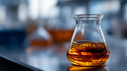 Glass flask with liquid in laboratory environment, scientific research equipment, chemistry experiment apparatus, experimental solution container, lab testing vessel, with copy space