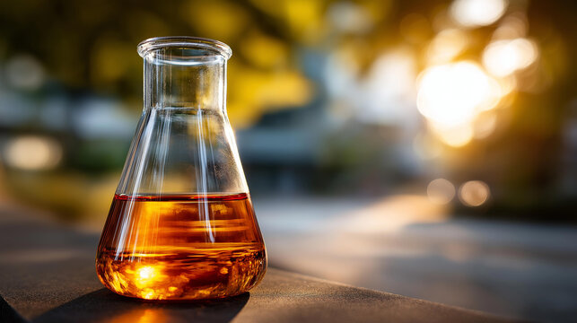 Laboratory flask filled with amber liquid illuminated by soft sunlight creating warm atmosphere, golden hour chemistry, natural lighting experiment, scientific research aesthetics, with copy