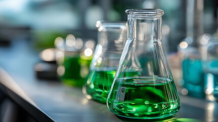 Closeup of beakers and flasks filled with green liquid on laboratory table, chemistry experiment collection, colored solution display, scientific glassware arrangement, with copy space