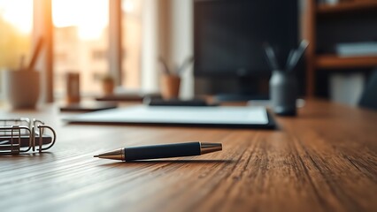 A single pen lying on a wooden desk with blurred background, professional workspace vibe.