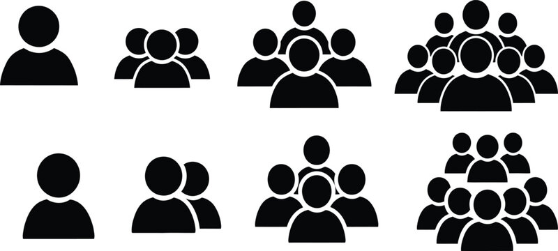 Set of diverse silhouette icons representing various groups of people, from single individuals to large communities, ideal for user interface design, social networking, and demographic visualization