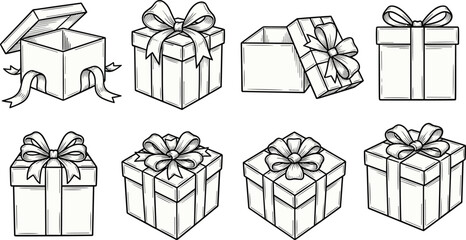 Hand drawn gift boxes collection with detailed ribbons, bows, open and closed presents, sketch style illustration for celebration, holiday, festive design