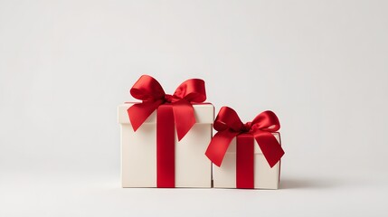 Obraz premium Gift boxes with red ribbons on a white background. Copy space.