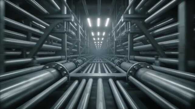 Industrial interior with rows of metallic pipes and fittings leading into the distance under bright overhead lighting.