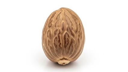 Fototapeta premium Close-up of a single whole nutmeg seed with its characteristic brown hue and intricate textured surface