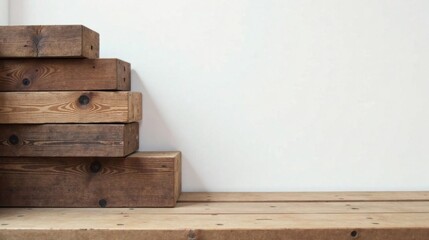Rustic Wooden Blocks Stacked Against a White Wall on a Wooden Surface, Ideal for Product Display or Interior Design Inspiration
