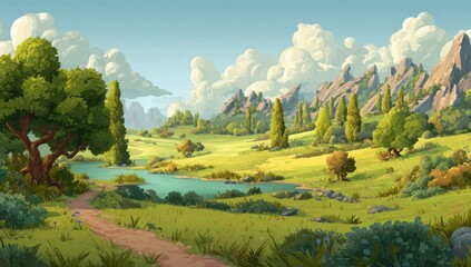 A picturesque daytime landscape with rolling green hills, trees, and a lake under a cloudy sky