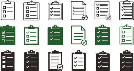 Extensive Collection of Modern Checklist and To-Do List Vector Icons, Representing Task Completion, Project Management, and Survey Responses for Digital Interfaces and Business Applications