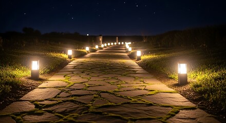 Illuminated stone path at dusk creating a whimsical ambiance in nature