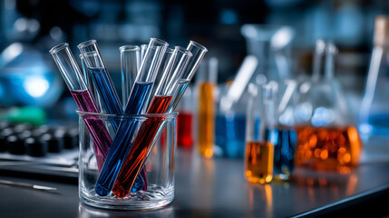 Tubes in laboratory setting, test tube collection, scientific glassware display, experimental equipment, analytical testing apparatus, research facility materials, with copy space