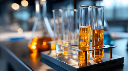 Tubes in laboratory setting, test tube collection, scientific glassware display, experimental equipment, analytical testing apparatus, research facility materials, with copy space