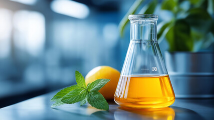 Glass flask filled with orange liquid stands next to lemon and mint leaf in bright laboratory setting, botanical chemistry, natural ingredient analysis, food science research, with copy space