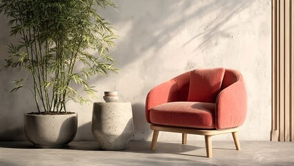Minimalist Japandi Style Interior with Smooth Curved Chair and Plants