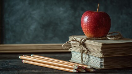 Fresh Red Apple on Stack of Books with Colored Pencils Nearby