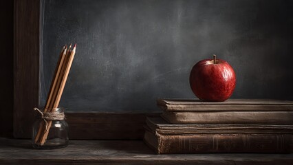 Fresh Red Apple on Vintage Books with Pencils and Chalkboard Background