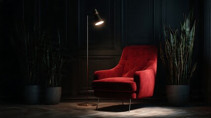 Elegant Red Armchair Illuminated in a Modern Dark Interior Setting